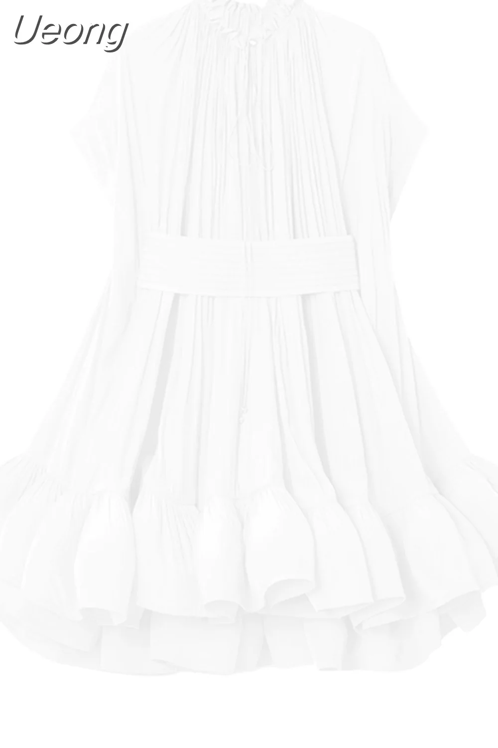 Ueong Asymmetrical Solid Mini Dresses For Women Round Neck Short Sleeve High Waist Spliced Plieasted A Line Dress Female Summer