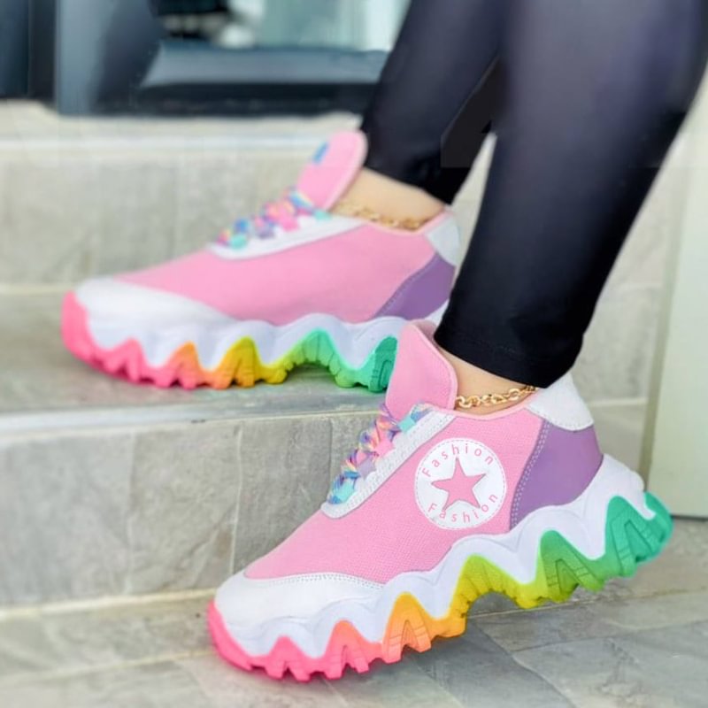 Women's Color-Blocking Lace-up Platform Heel Sneakers- Catchfuns - Offers Fashion and Quality Sneakers