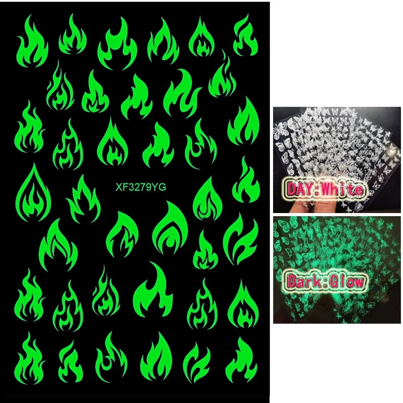 Luminous Fire Nail Art Stickers Glow In Dark Nail Decals Moon Butterfly Transfer Manicure Design Night Light Stickers-Nail Inspo