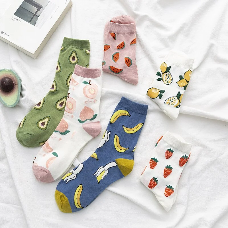 3 Pairs New Cartoon Fruit Cotton Socks Women Strawberry Avocado Lemon Korean Color Harajuku Warm Long Crew Socks Novelty 2020