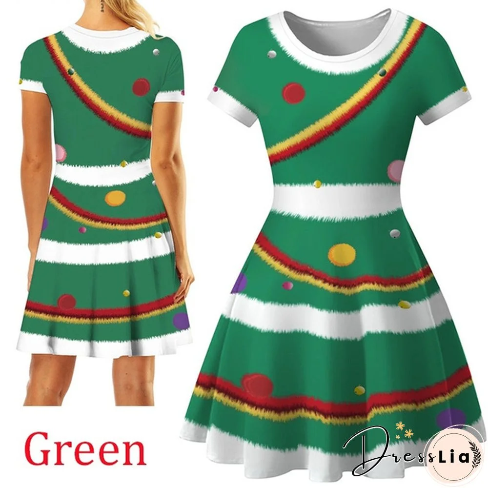 Christmas Deer Elk Snowman Print Short Sleeve Dress Xmas Santa Claus Women Dress