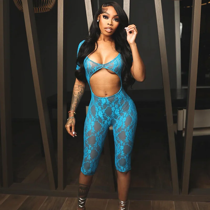 Uveng Uveng Women's Spring New Sexy Lace Splicing U-Neck Short-Sleeved Umbilly Joint Shorts