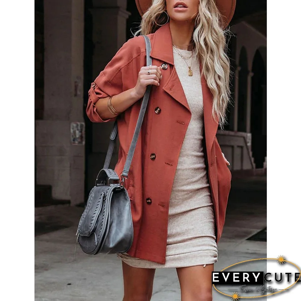 Rust Red Turndown Collar Lightweight Pocket Trench Coat