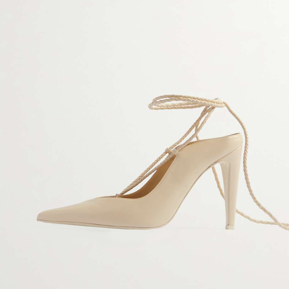 Nude Vegan Leather Pointed Toe 4‘’ Stiletto Heel Lace Up Pumps Nicepairs