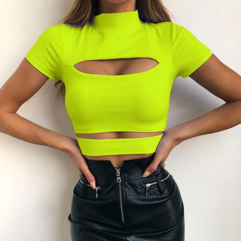 2022 Summer Crop Top Women Solid Black Green Tops Hollow Out Women Clothing Women T-shirt Casual Tee Tops Ladies Shirts
