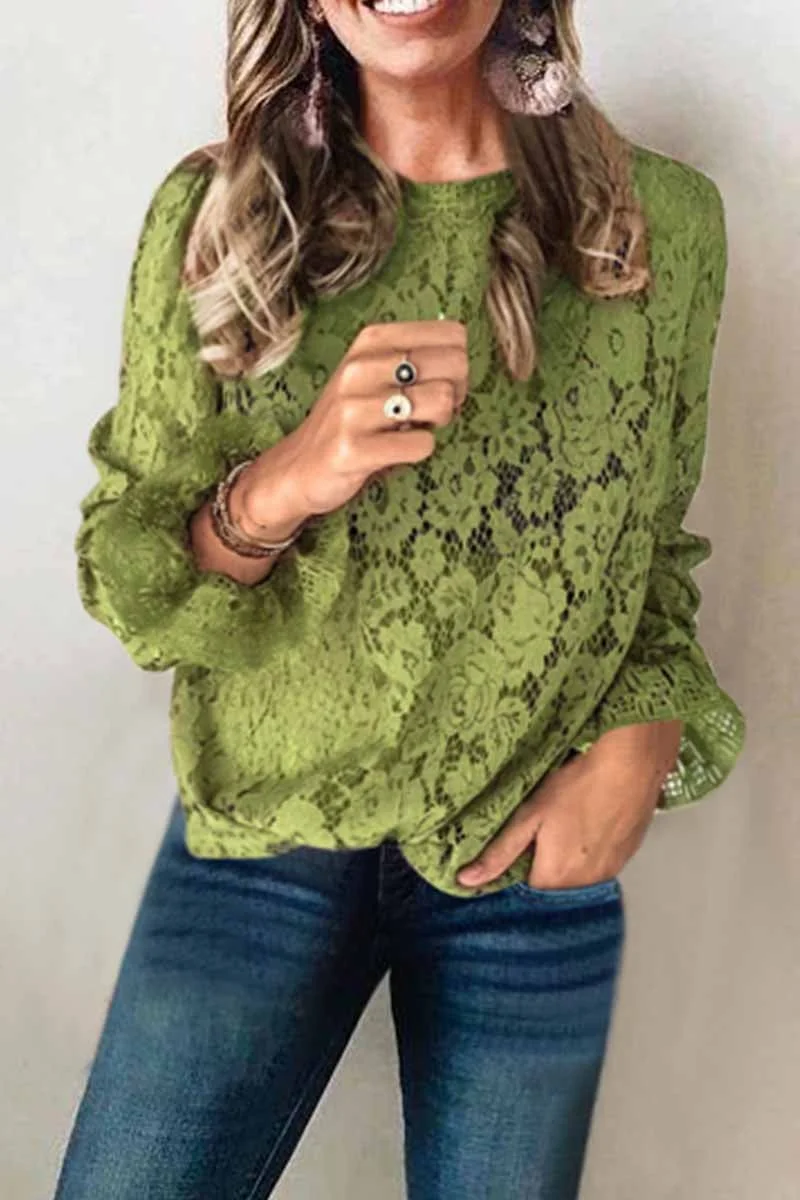 Long Sleeve Openwork Lace Blouse(5 Colors)