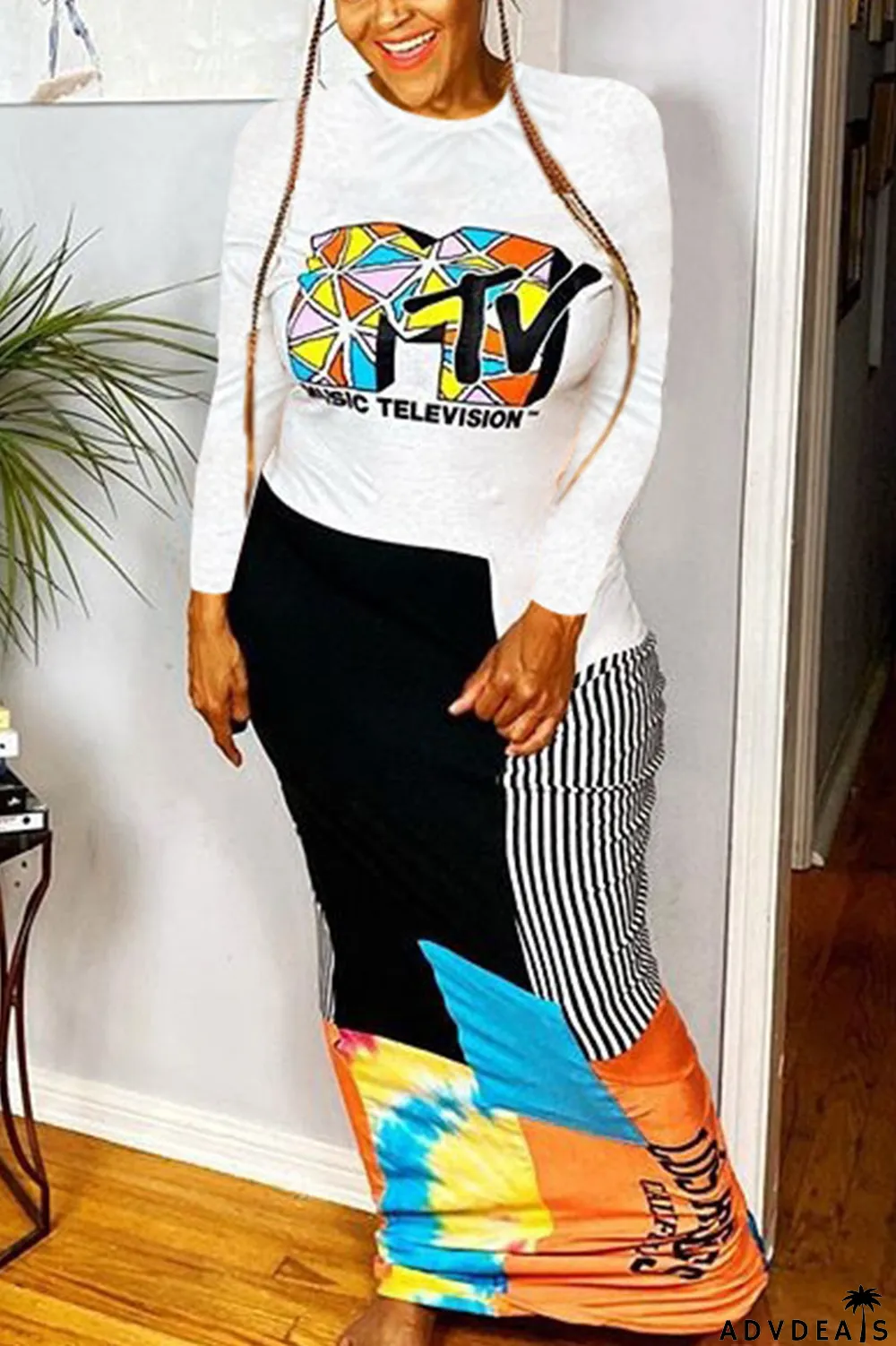 Black and white Elegant Polyester Print O Neck Long Sleeve Ankle Length Long Sleeve Dress Dresses