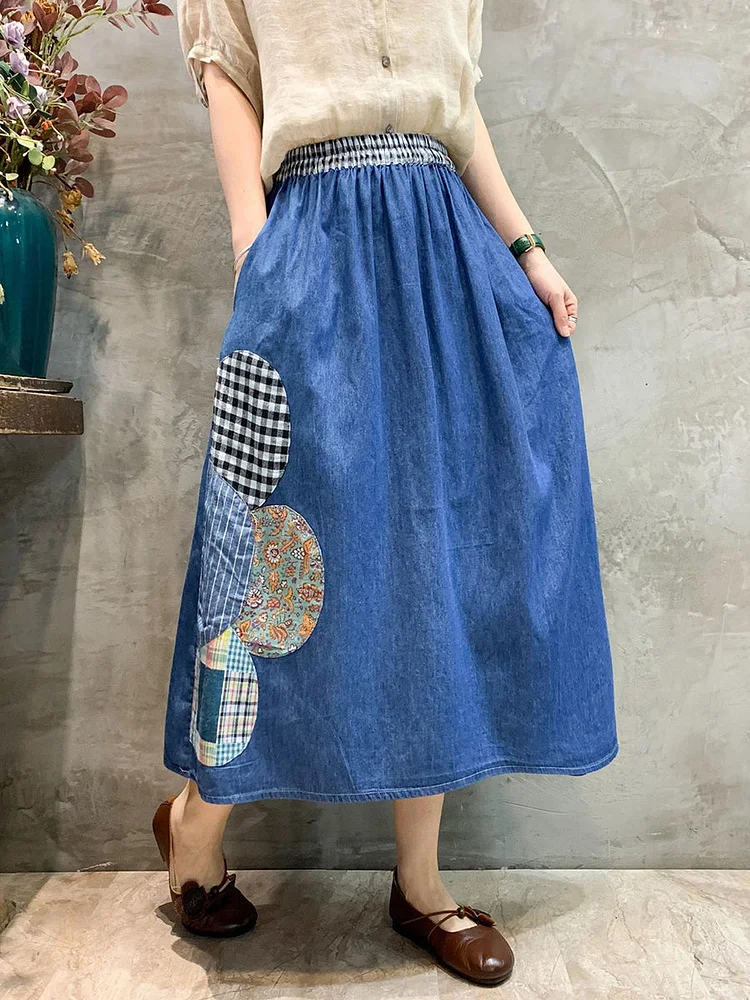 Women Artsy Summer Patch Spliced Denim Skirt