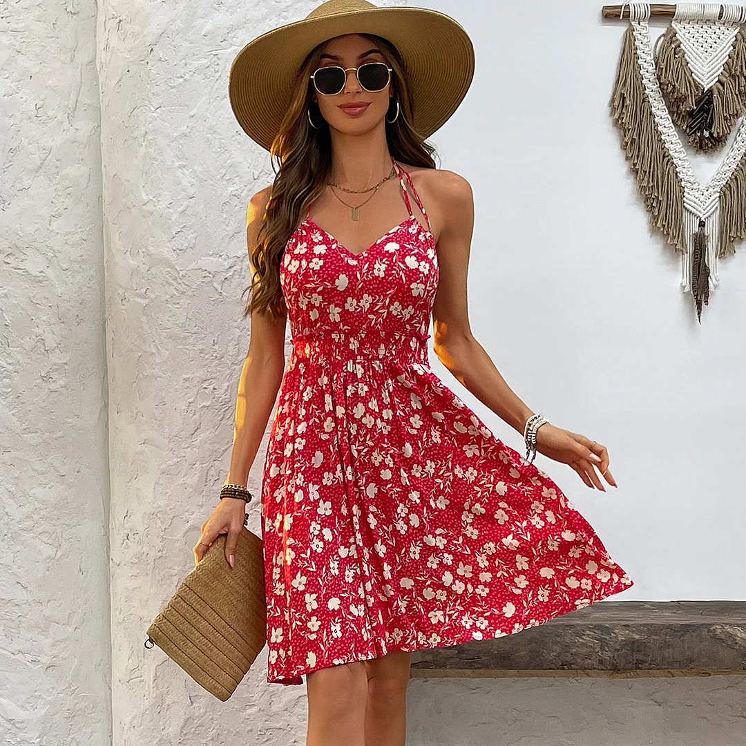 V Neck Halter Neck Floral Print Mini Dress