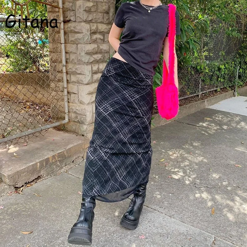 Gitana 2022 Spring Summer Fairy Grunge Long Tulle Skirts Women Kawaii Plaid Black Skirt Harajuku Low waisted Skirt Korean