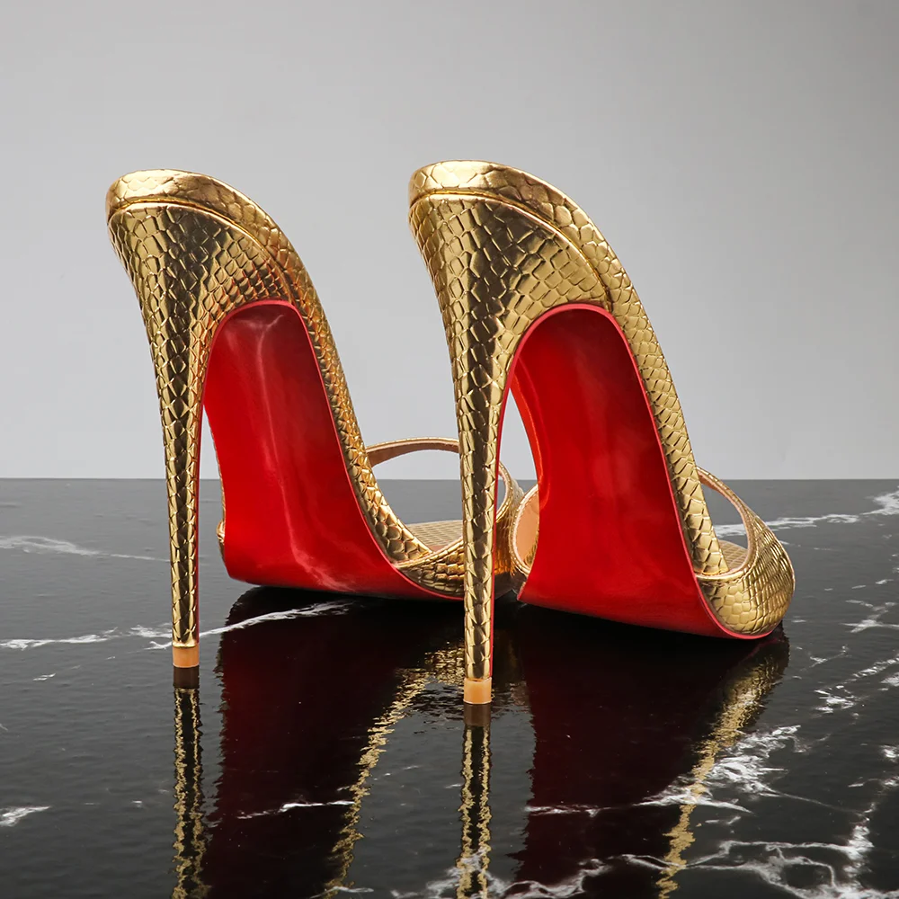 120mm/4.72 Inch Women's Sandals Pointed Toe Gold Snakeskin Mules High Heels Slip on Red Bottom Party Stilettos