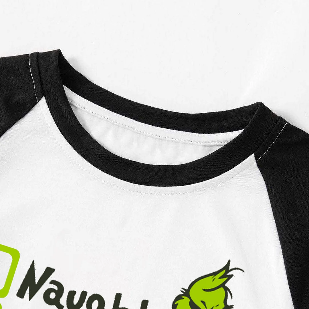 Christmas "Naughty&Nice& I Tried" Letter Print Patterned Casual Long Sleeve Sweatshirts Black Contrast Top and Black and Green Plaid Pants Family Matching Pajamas Sets With Pet Bandana