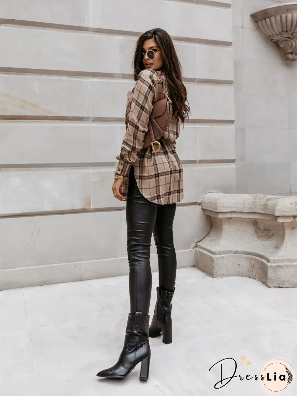 Checked Loose Long Sleeve Belted Shirt