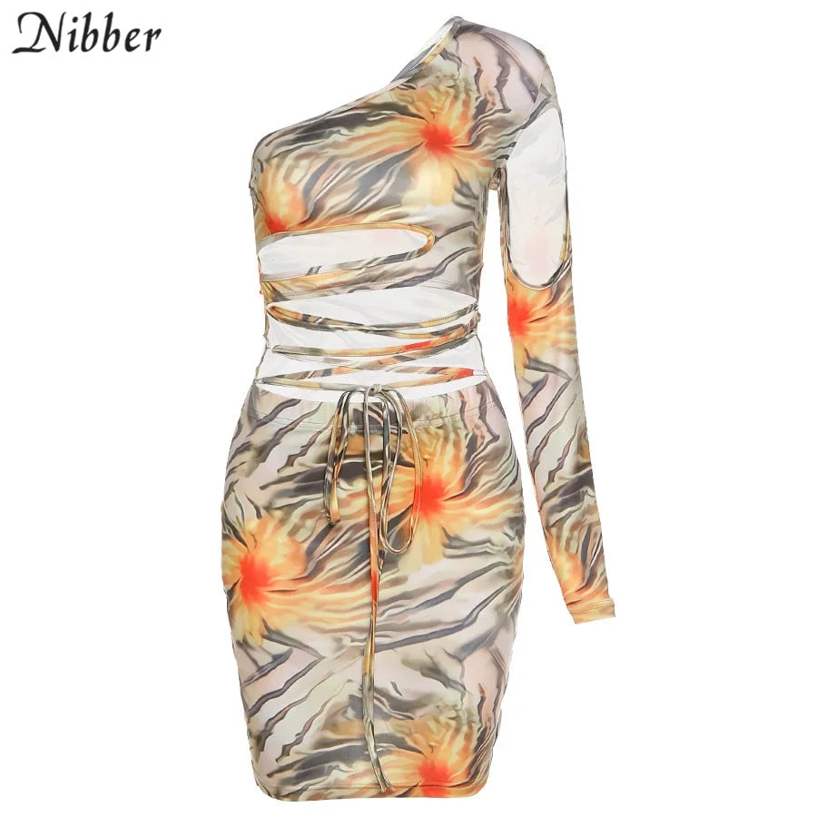 Nibber Stylish One Shoulder Cut Out Hole Aesthetic Print  Bodycon Dress Women Chic Bandage Mini Clubwear Casual Street Clother