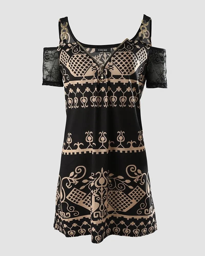 Uveng Women Sexy High Waist Fashion Summer Tribal Print Contrast Lace Cold Shoulder Casual Dress Mini Dress