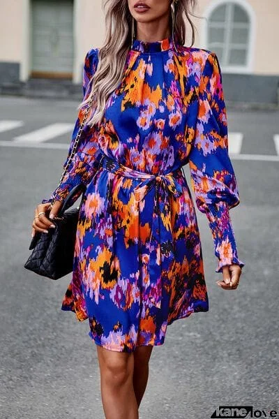 Printed Tie Waist Mock Neck Lantern Sleeve Dress
