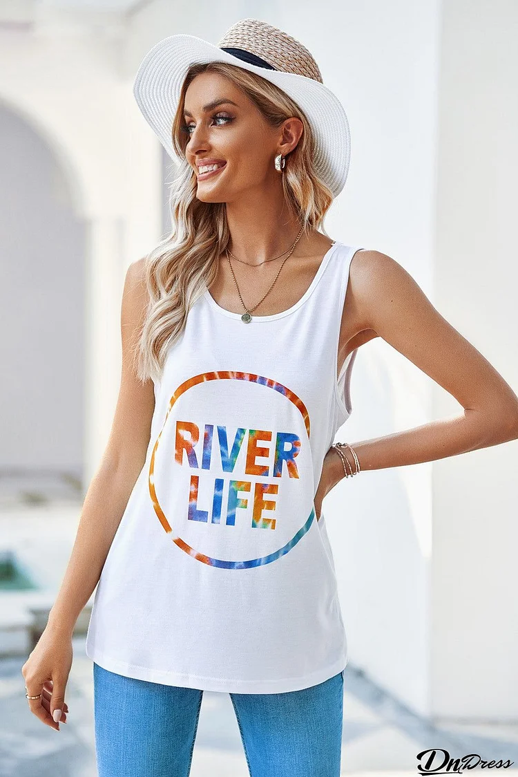 Summer Casual White RIVER LIFE Print Tank Top