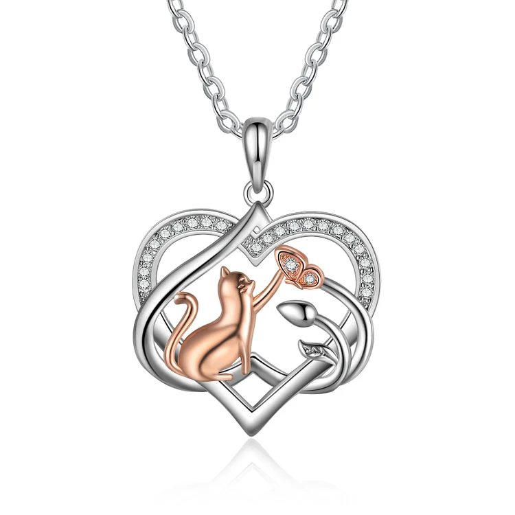 Heart Cat Pendant Necklace with Diamond Cat Lover Birthday Gift