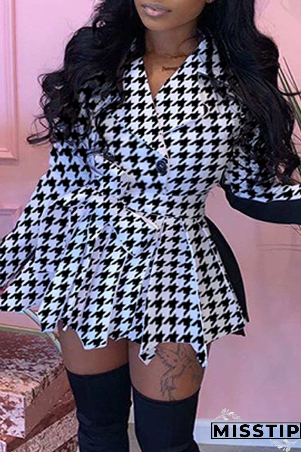 Black And White Casual Print Patchwork Turn-back Collar Long Sleeve Plus Size Dresses