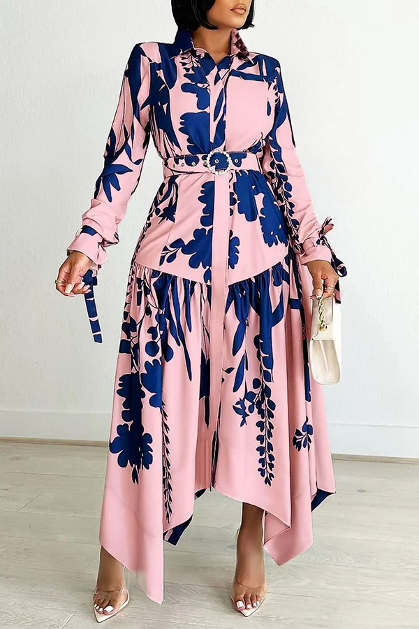 Elegant Printed Irregular Lapel Maxi Dress