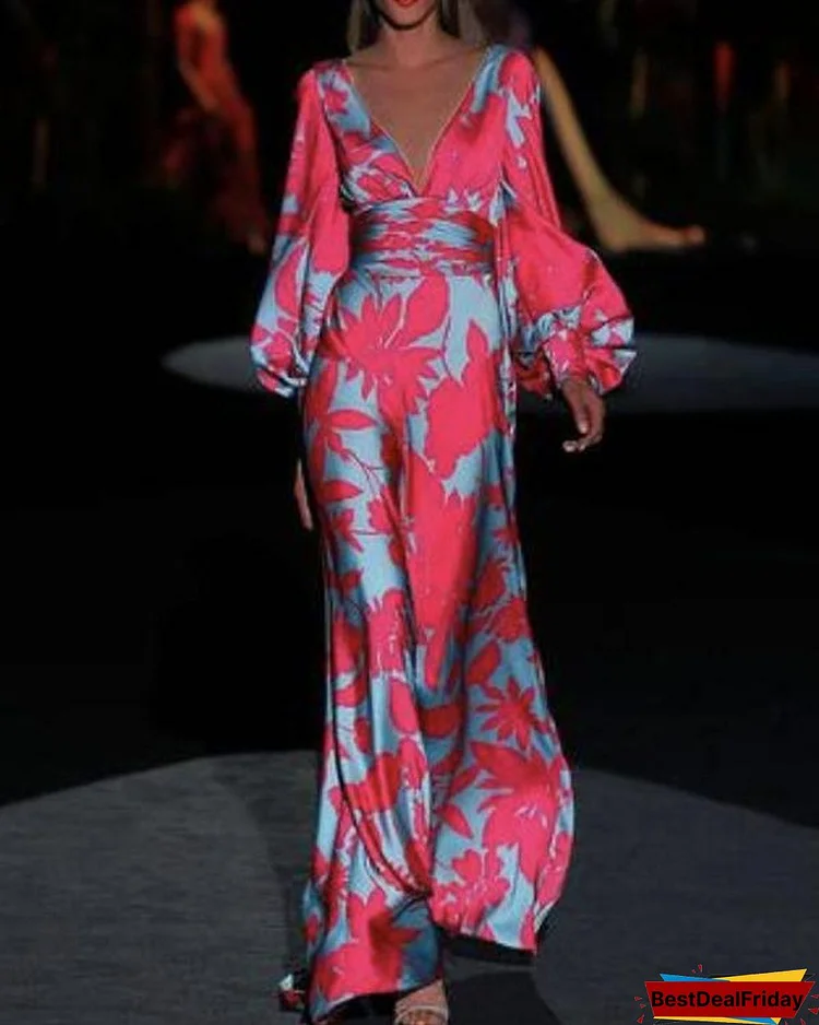 Women V-neck Elegant Printed Maxi Dress