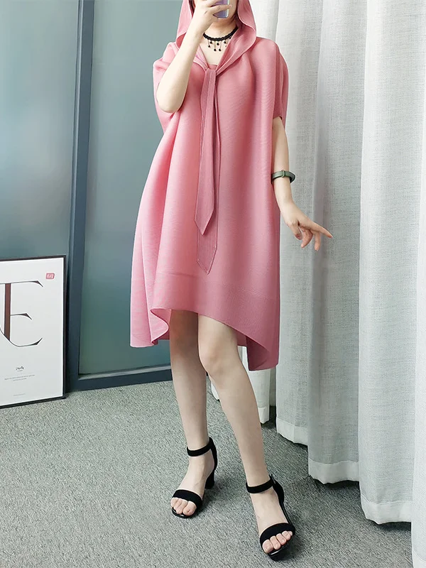 Lace-Up Pleated Batwing Sleeves Loose Hooded Midi Dresses