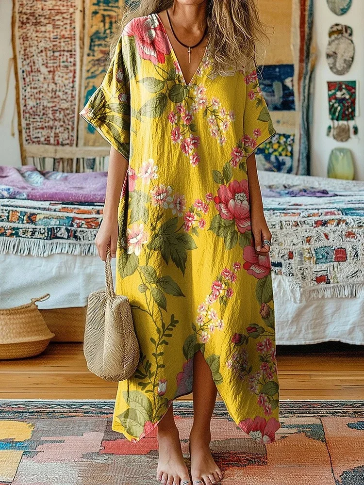Women's Vintage Flower Art Print V-Neck Cotton Short Sleeve Dress