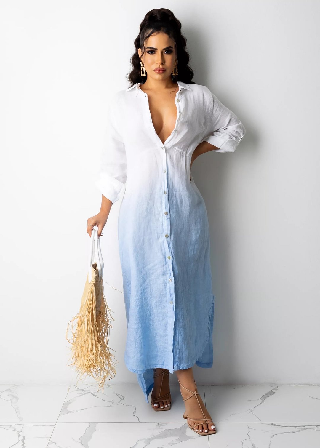 Casual solid color loose shirt dress