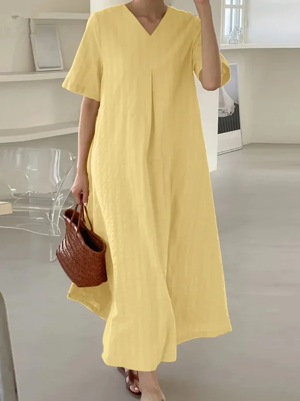 Women's spring and summer V-neck short-sleeved elegant solid color loose dress socialshop