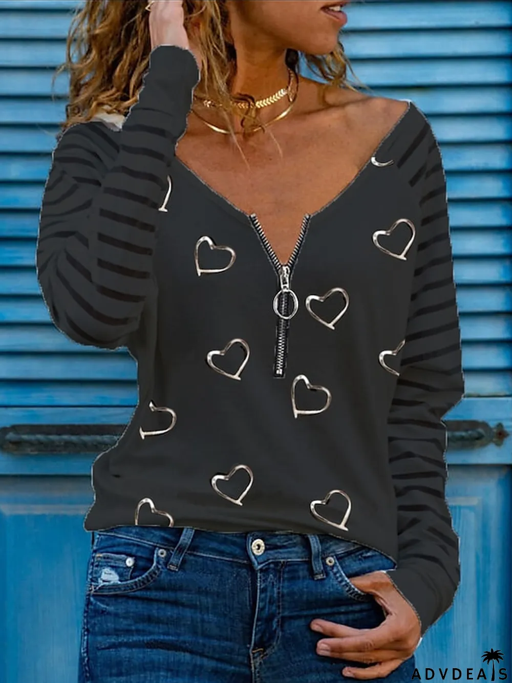 Women's T shirt Tee Black White Pink Heart Quarter Zip Print Long Sleeve Casual V Neck Regular Loose Fit S