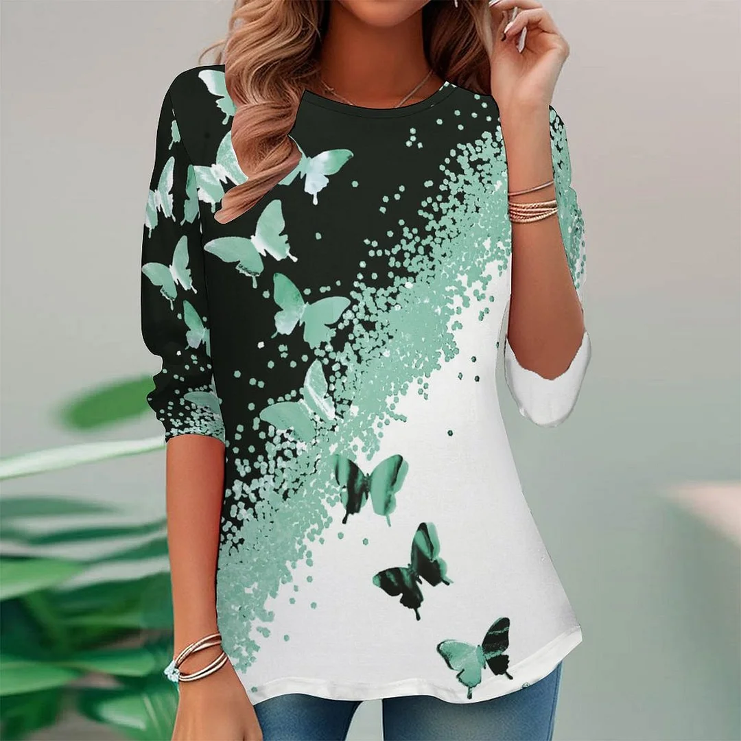 Vintage Printed Long Sleeve Plus Size Tunic for  Women and Men Unisex Pattern Butterfly,Green,Dark Green