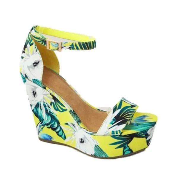 Tropical Print Strap Buckle Platform Wedge Heel Sandals