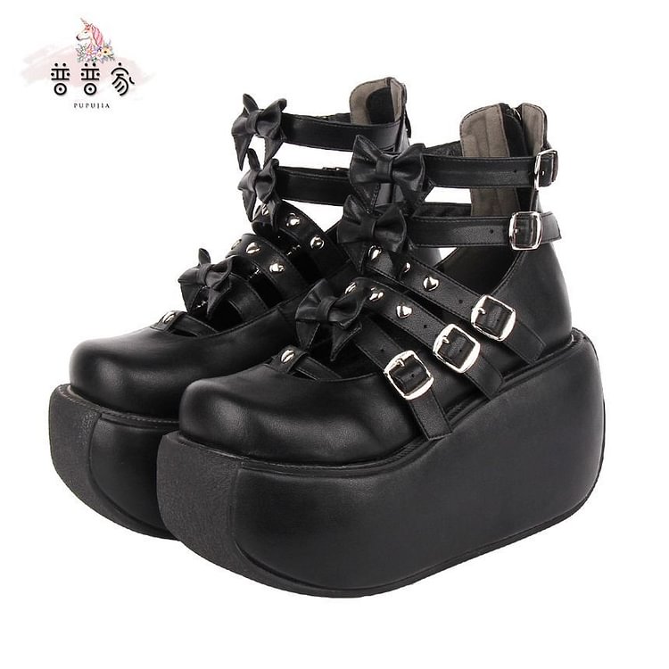 Studded Buckled Bow Accent High Top Platform Wedge Heel Mary Jane Shoes KP27