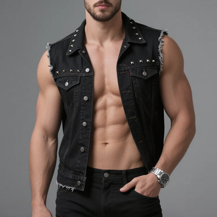 Okaywear Rivet Turndown Collar Button Raw Edge Denim Vest Okaywear