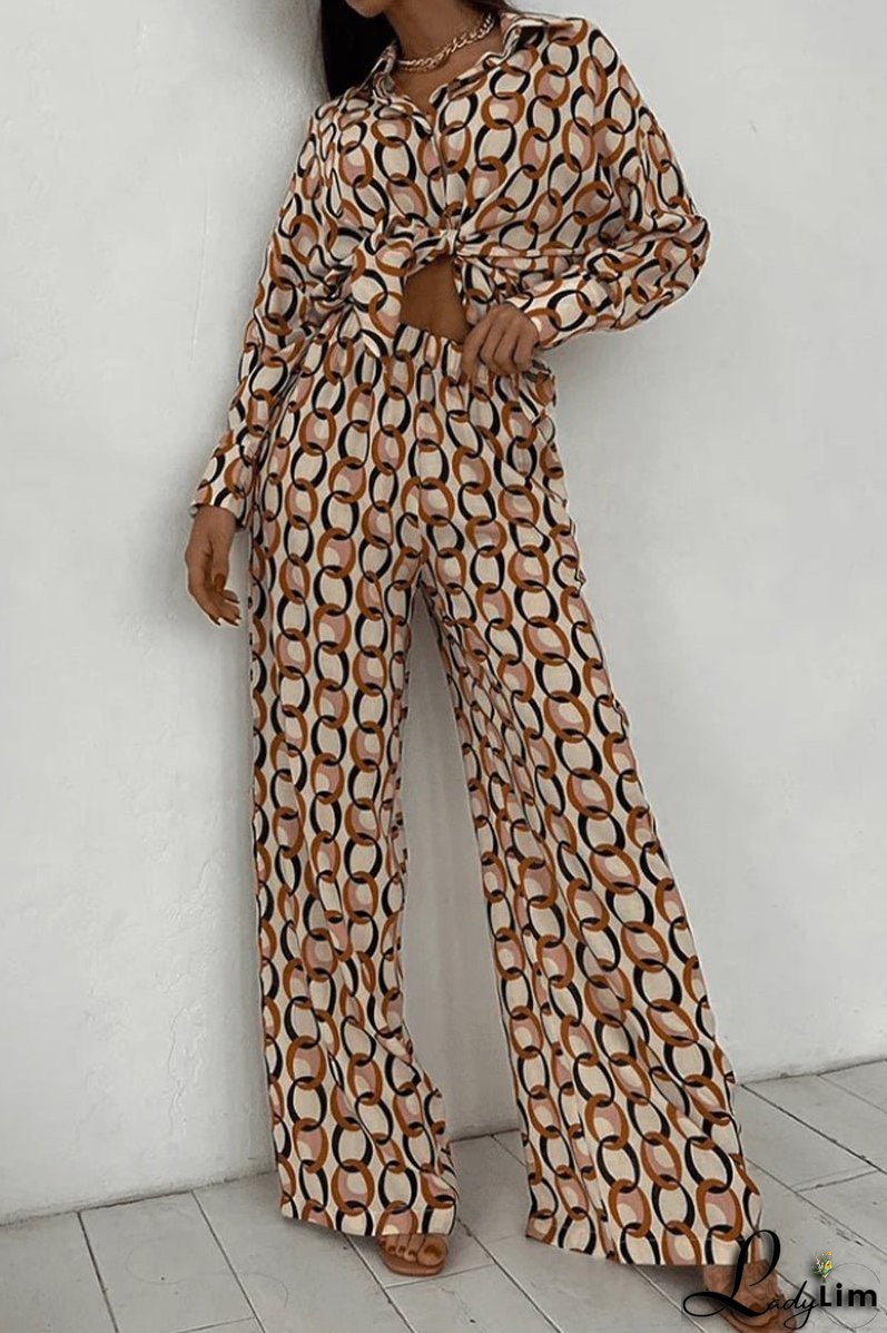Casual Geometric Print Buttons Turndown Collar Long Sleeve Two Pieces