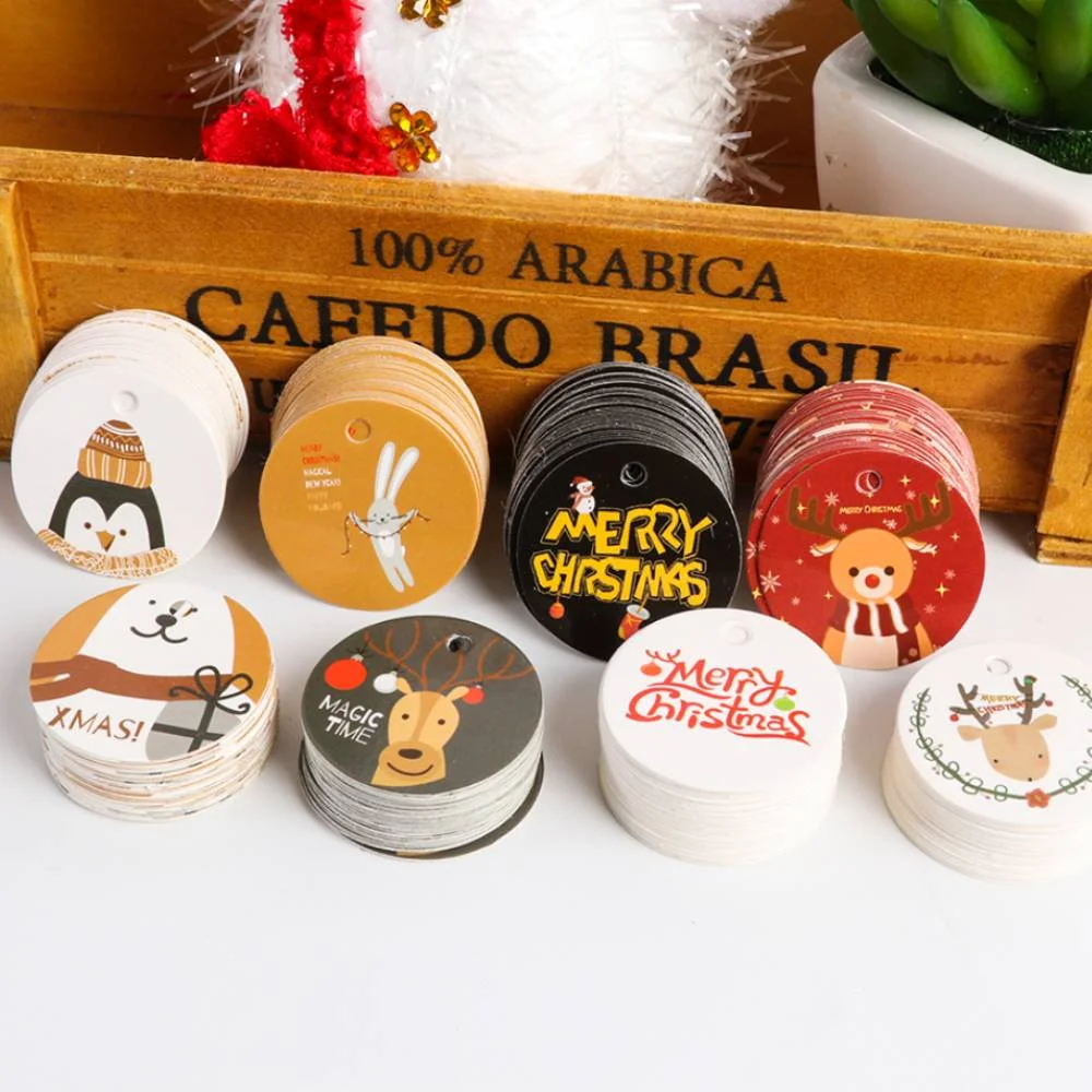 100pcs Merry Christmas Labels Kraft Tags Gift Wrapping Paper Hang Tags Santa Claus Paper Cards Xmas Party Supplies