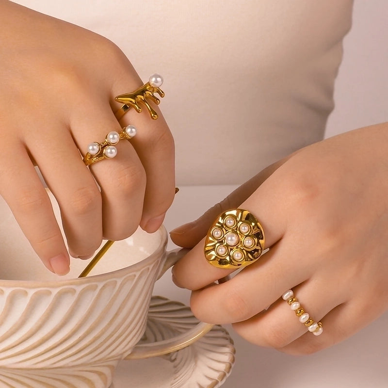 Vintage Style Modern Style Minimalist Geometric 304 Stainless Steel Artificial Pearls 18K Gold Plated Irregular Open Rings