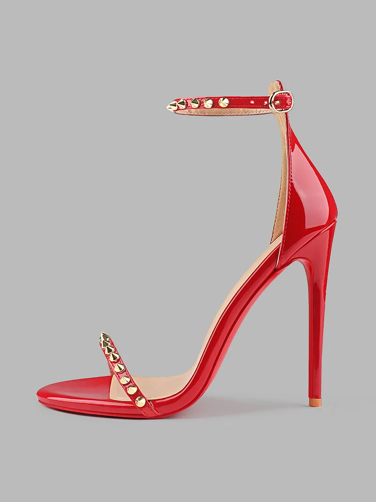 100mm/120mm Women's  Patent Fashion Rivet Pumps Open Toe Sandals Stiletto Red Bottom High Heels Ankle Strap  Shoes