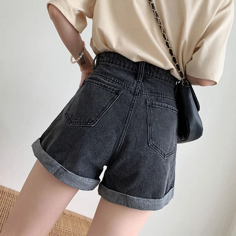 FTLZZ New Summer Women Vintage Wide Leg Blue Denim Shorts Casual Female Streetwear Loose Solod Color Jeans Shorts