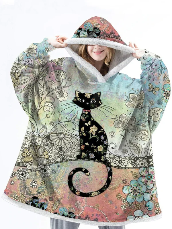 Floral Cat Print Fleece Oversize Blanket Hooded Pajamas Hoodie
