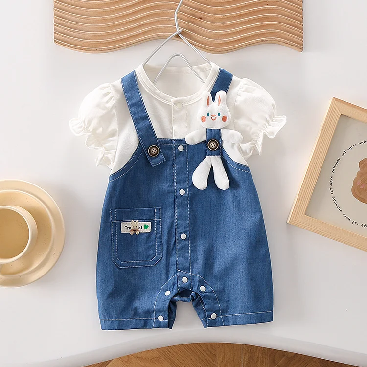 Newborn Baby Ruffle Sleeve Breathable Denim Animal Doll Romper