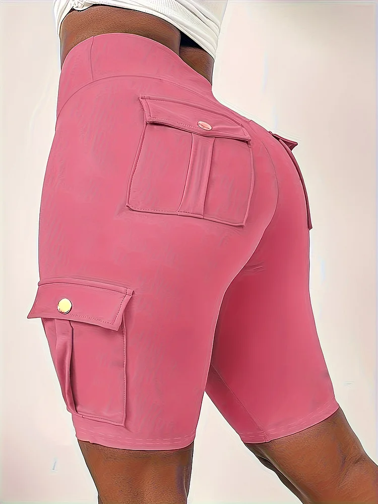 High-Waist Women's Solid Color Athletic Yoga Cargo Shorts For Exercise & Fitness With Pocket Design