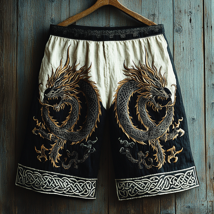Men's Viking Dragon Celtic Knot Patchwork Line Art Shorts