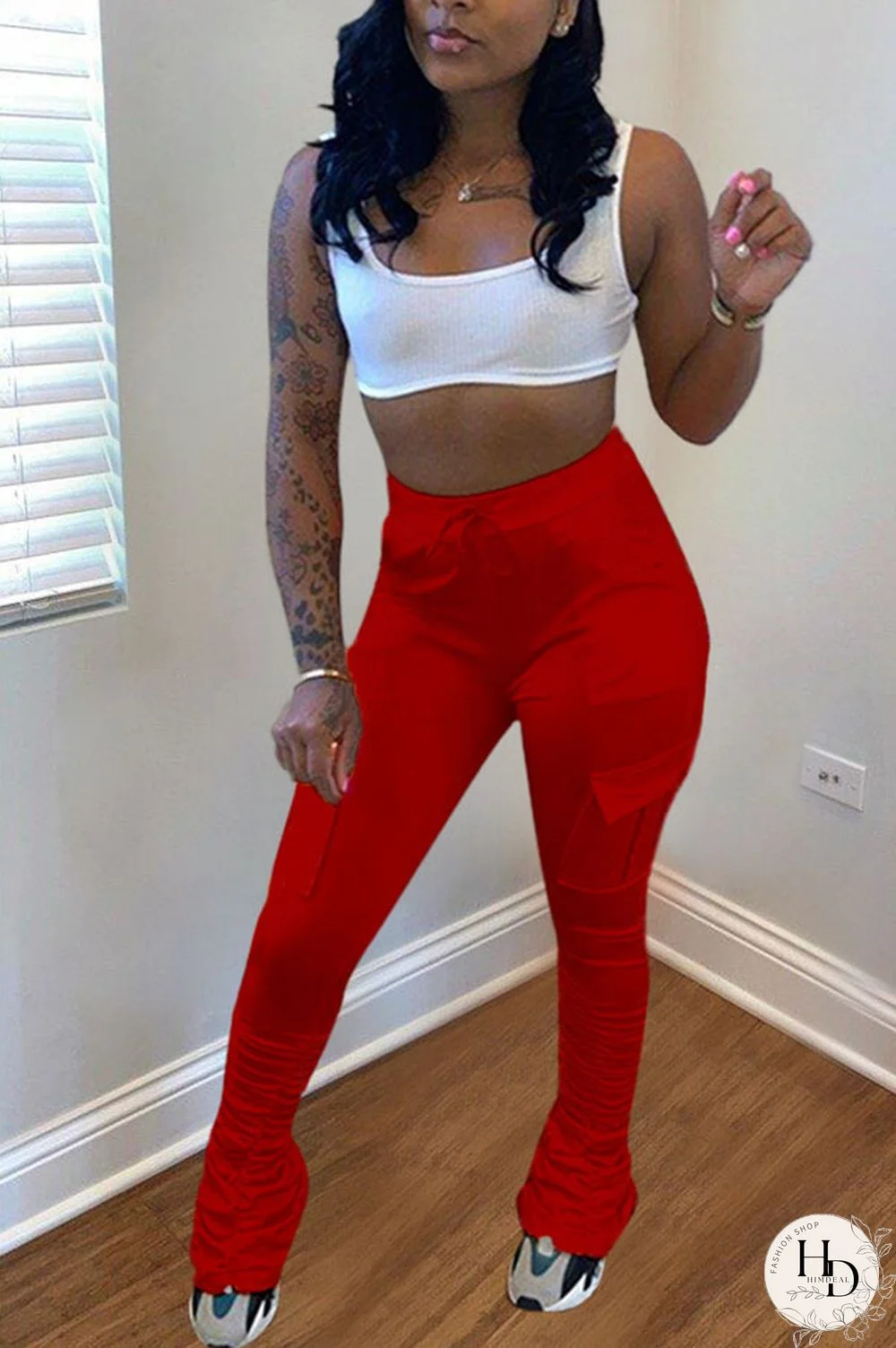 Yellow Drawstring High Solid Pocket Draped Boot Cut Pants Bottoms