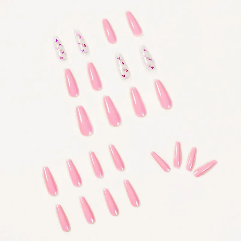 24pcs/Set False Nails with Glue Extra Long Laser Butterfly Coffin Fake Nails Fingernail DIY Ballerina Nail Decoration Art Tips-Nail Inspo