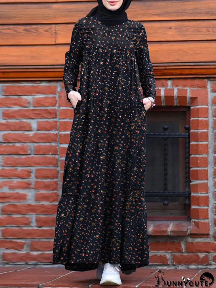 Floral Print Pocket Long Sleeve Casual Maxi Dress For Women