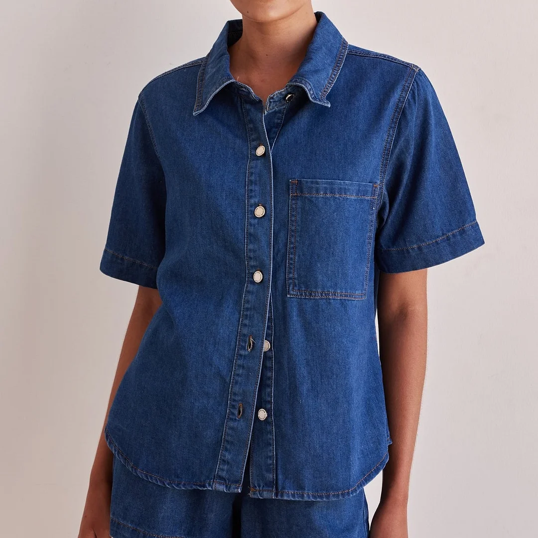 Women's Retro Solid Color Short-sleeved Shirt Shorts Denim Suit 2Piece Set