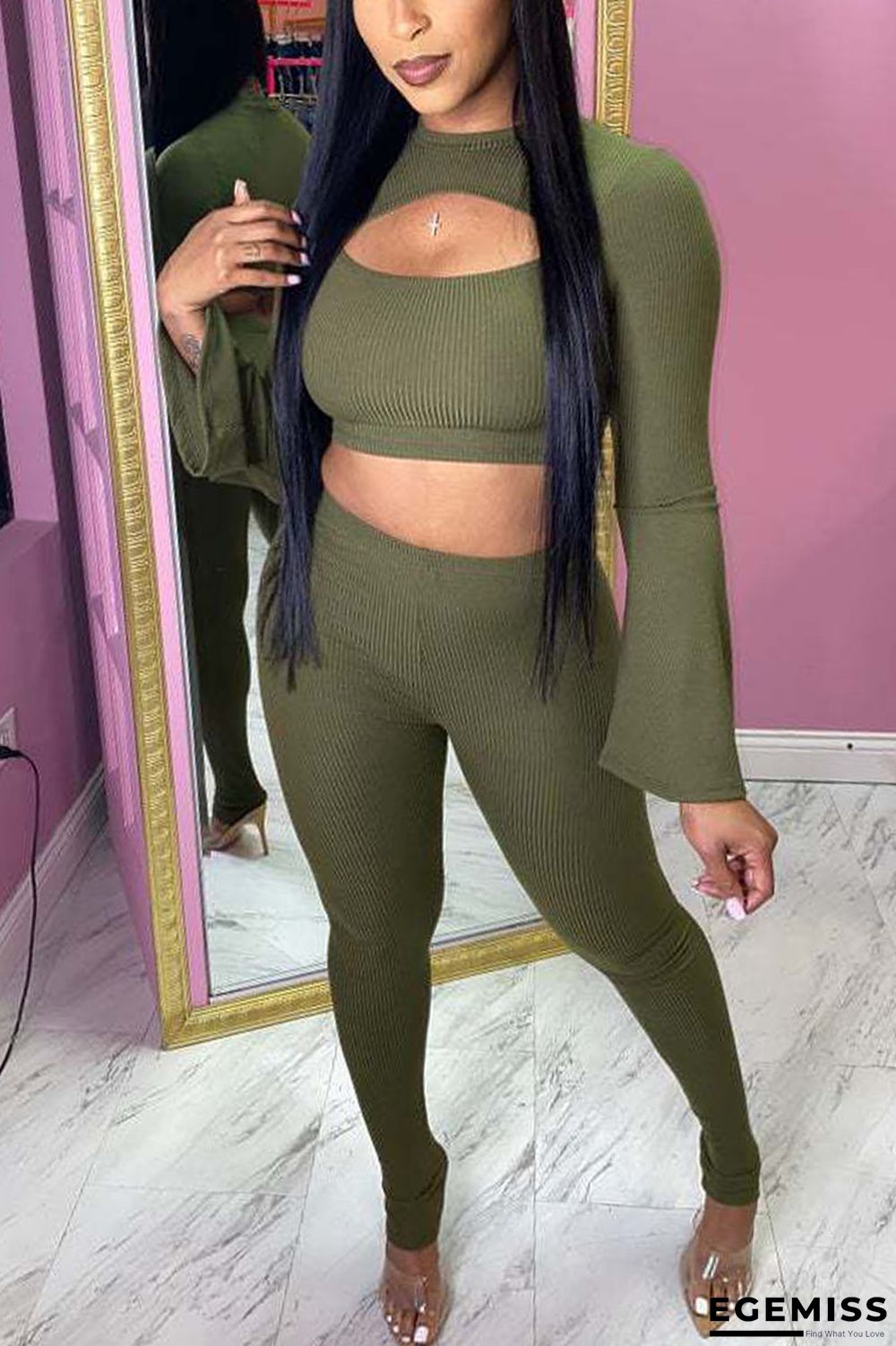Army Green Sexy Solid Hollowed Out O Neck Long Sleeve Two Pieces | EGEMISS