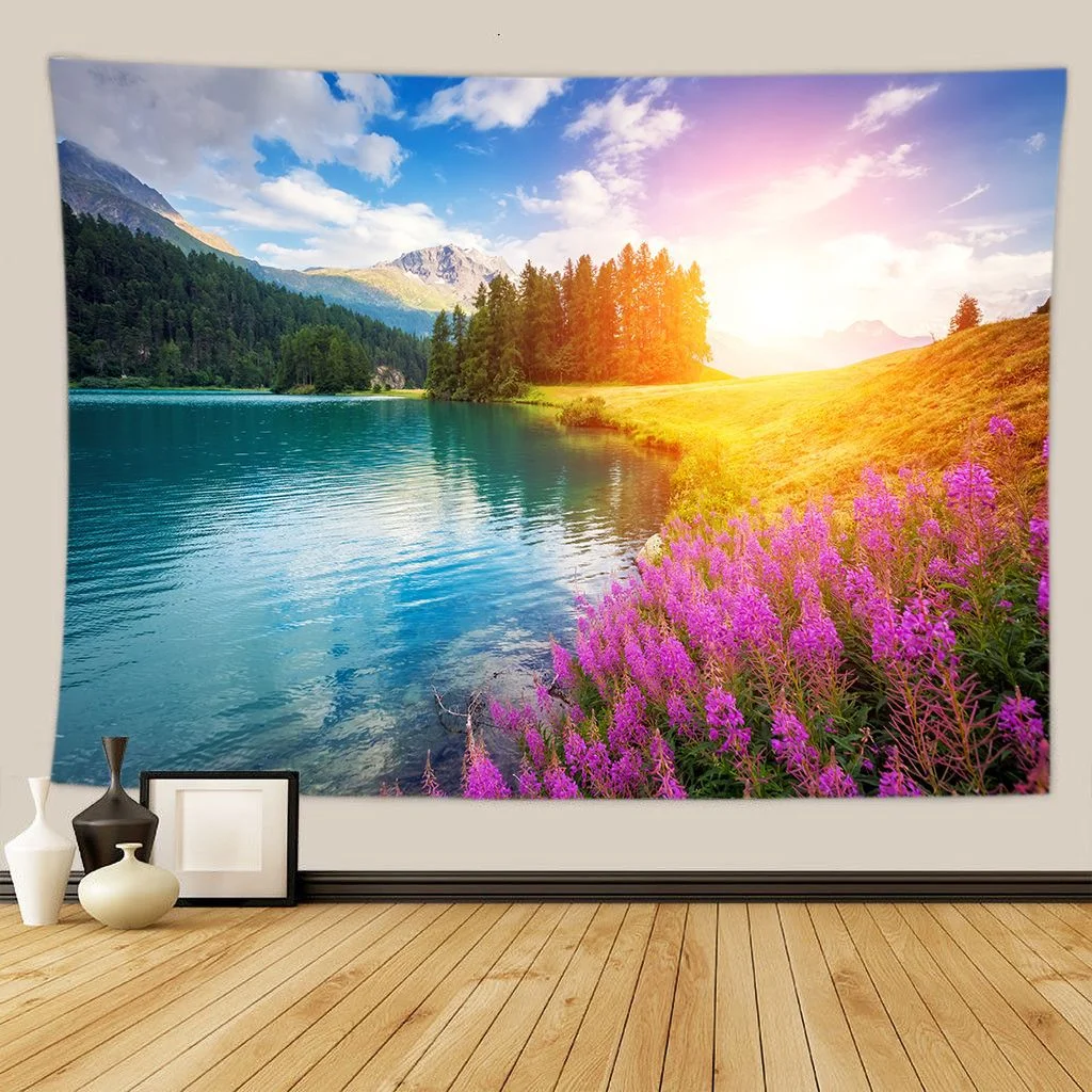 Green Forest Tree Wall Hanging Tapestries Mandala Natural Stream Flower Bedroom Wall Decor Camping Blanket Dropshipping