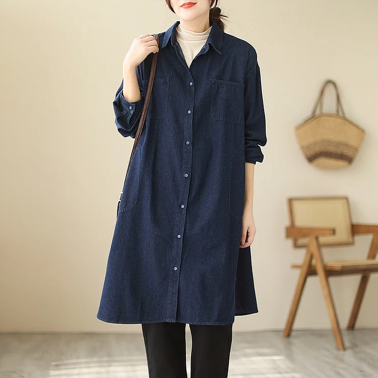 Loose Solid Color Lapel Denim Coat - yankia